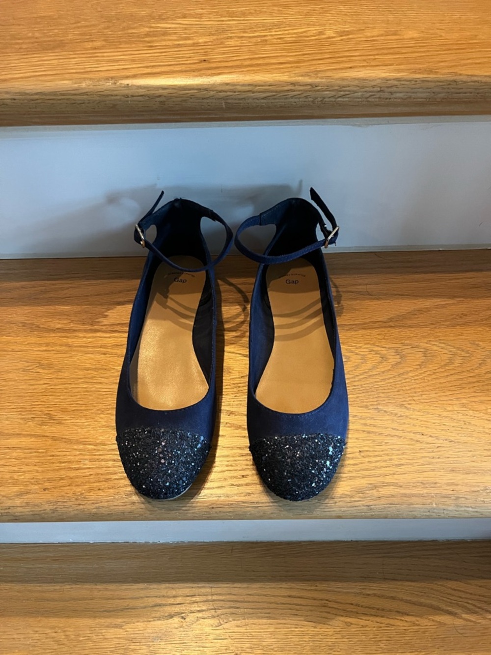 GAP Navy Ankle-Strap Flats with Glitter Toe